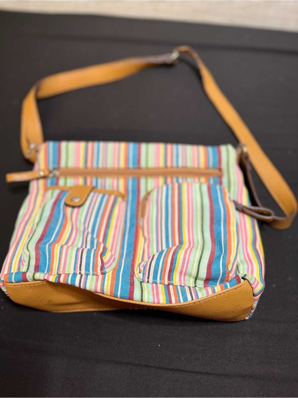 Multi-Color Striped Crossbody Bag with Tan Trim